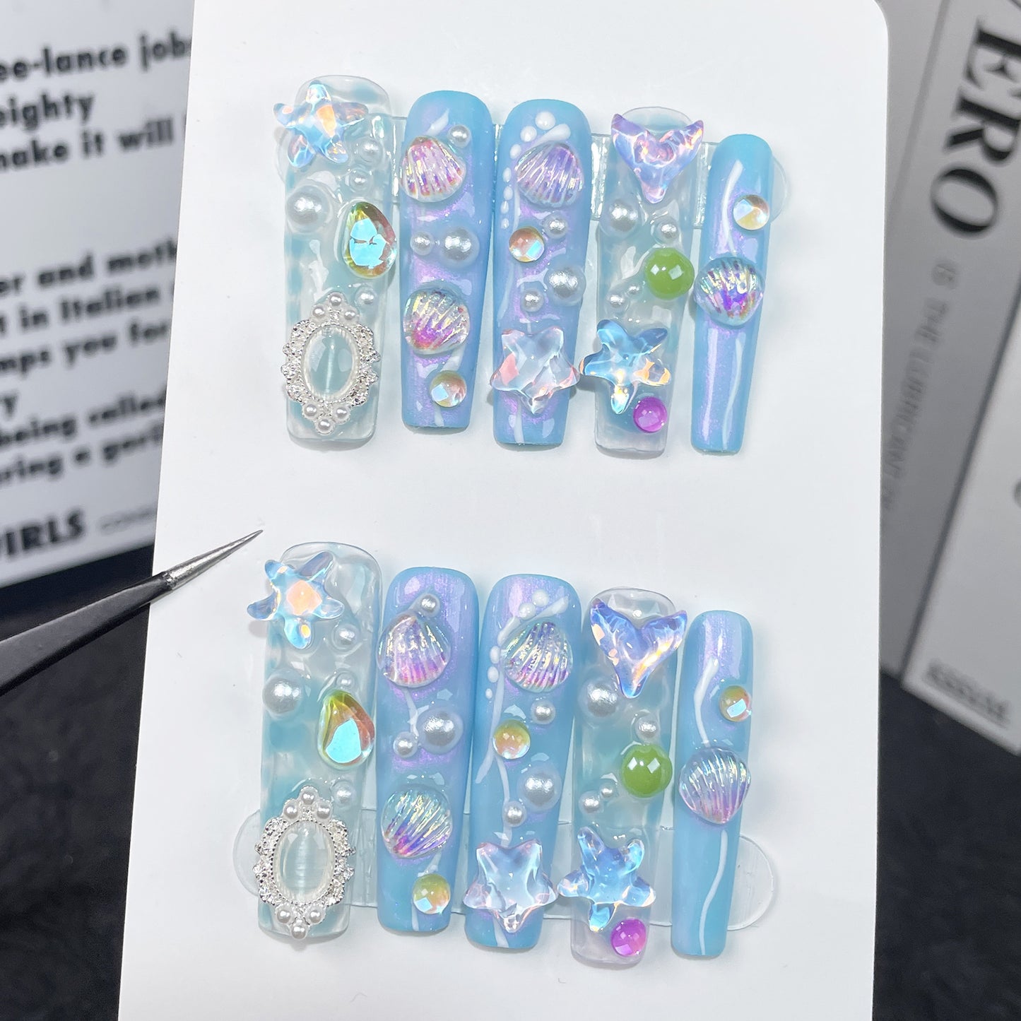 Aurora blue dreamy ocean series long handmade  Press on Nails