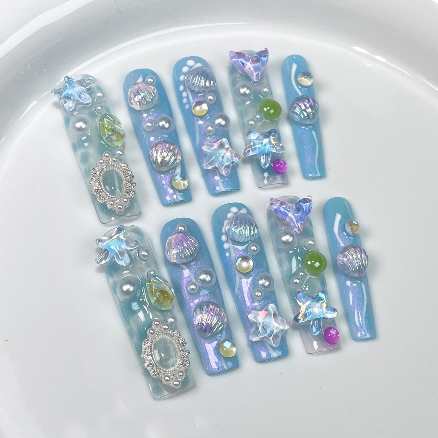 Aurora blue dreamy ocean series long handmade  Press on Nails